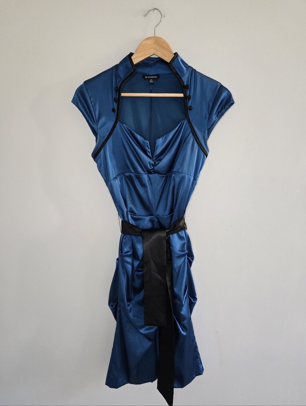 le chateau deep teal satin midi dress, black belt + piping, lined, hidden zipper